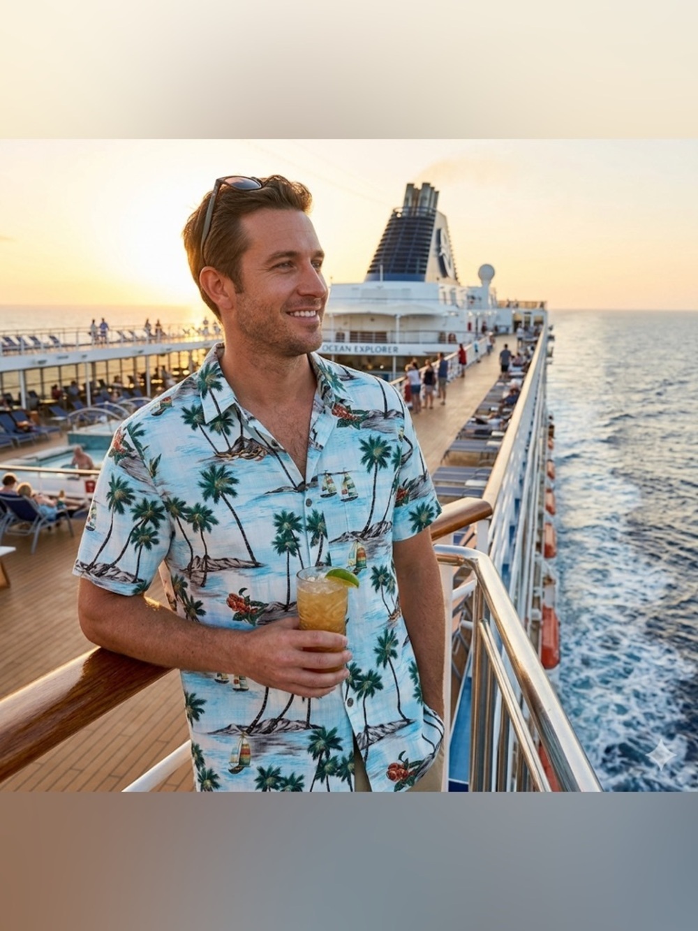 Men's Light Blue Palm-Print Short-Sleeve Button-Down Shirt